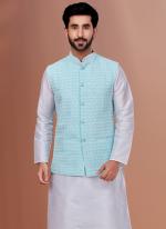 Embroidered Georgette Sky Blue Festival Wear Embroidery Work Readymade Men's Waist Coat